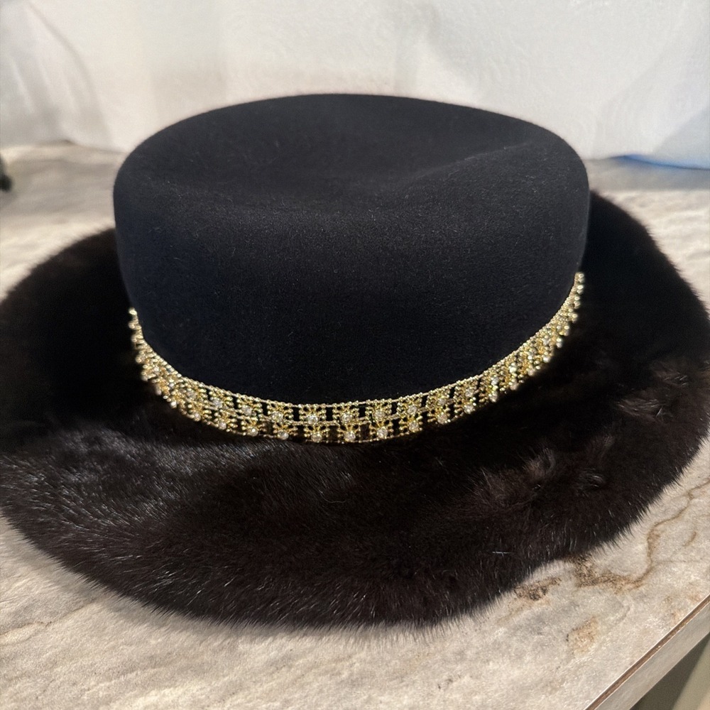 Vtg 1950s Capitol Fur Co Black Felt Hat Genuine Fur Brim Gold Rhinestone Band
